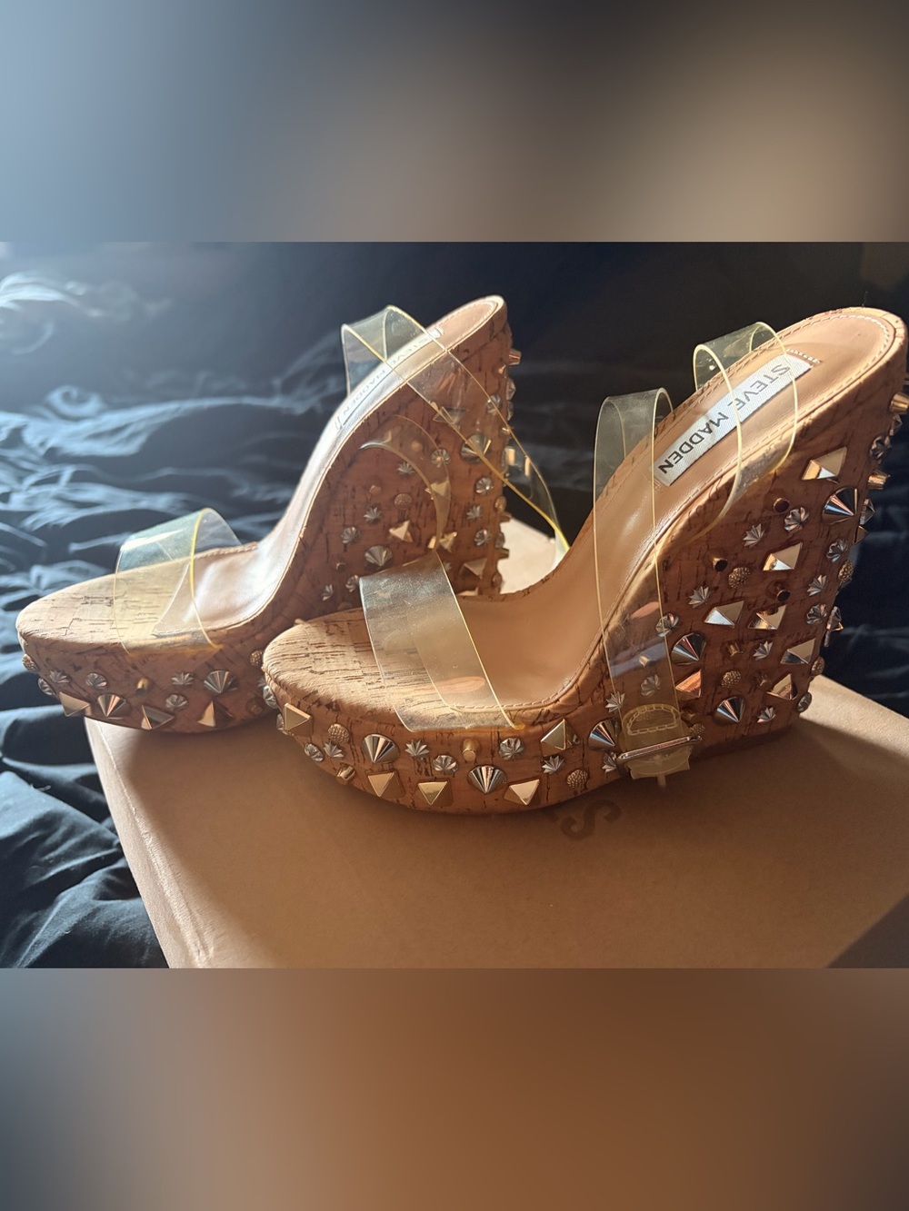 Steve Madden Clear-Strap Cork Wedges with Silver Stud Accents